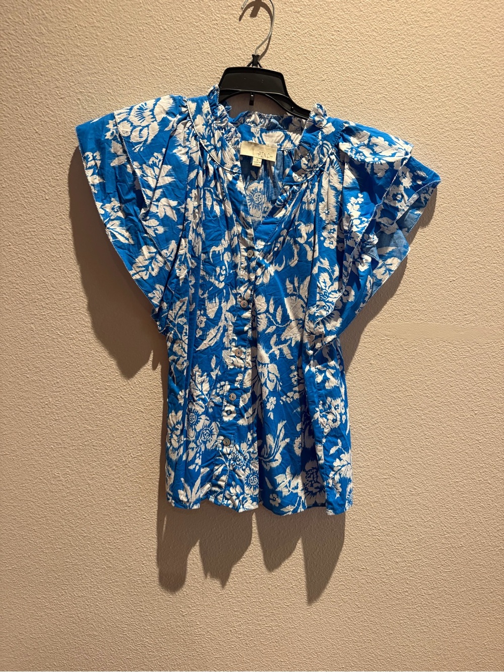 Pinch Blue and White Floral Flutter-Sleeve Blouse
